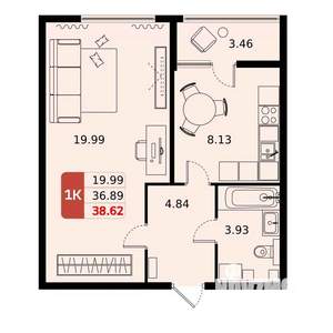 1-к квартира, строящийся дом, 39м2, 10/17 этаж