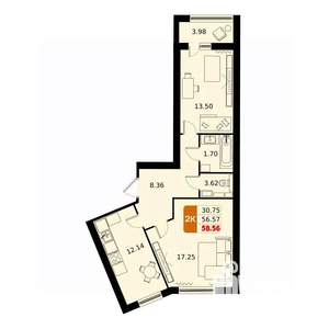 2-к квартира, вторичка, 59м2, 9/17 этаж