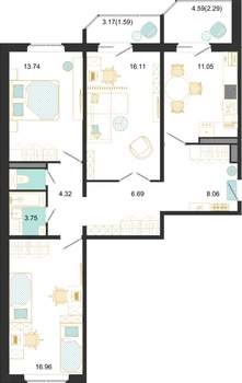 3-к квартира, строящийся дом, 85м2, 5/17 этаж