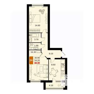 2-к квартира, вторичка, 56м2, 15/17 этаж
