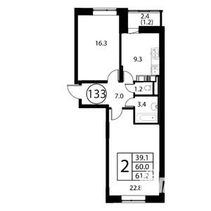 2-к квартира, строящийся дом, 61м2, 10/12 этаж