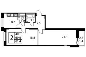2-к квартира, строящийся дом, 61м2, 12/12 этаж