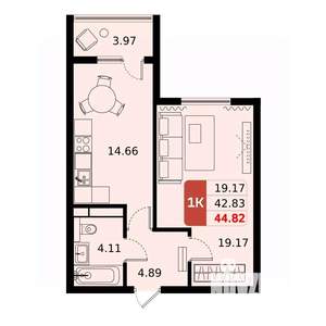 1-к квартира, вторичка, 45м2, 10/17 этаж