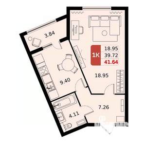 1-к квартира, вторичка, 42м2, 6/17 этаж