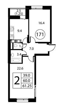 2-к квартира, строящийся дом, 61м2, 8/12 этаж