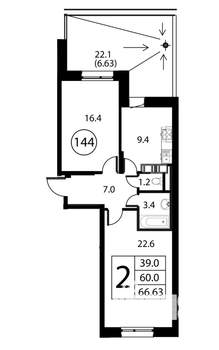 2-к квартира, строящийся дом, 67м2, 2/12 этаж