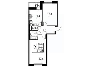 2-к квартира, строящийся дом, 61м2, 10/12 этаж
