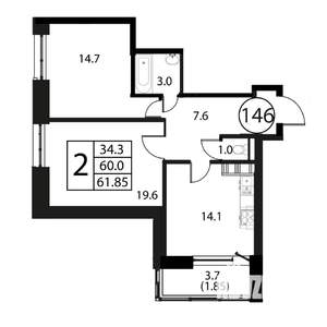 2-к квартира, строящийся дом, 62м2, 12/12 этаж