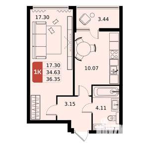 1-к квартира, вторичка, 36м2, 6/17 этаж