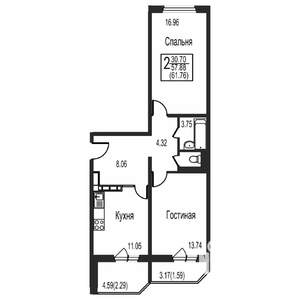 2-к квартира, сданный дом, 62м2, 7/17 этаж