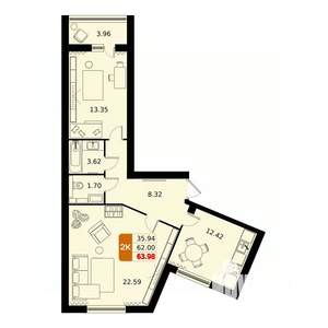 2-к квартира, вторичка, 64м2, 10/17 этаж