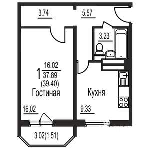 1-к квартира, сданный дом, 39м2, 5/17 этаж