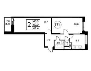 2-к квартира, строящийся дом, 61м2, 8/12 этаж