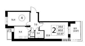 2-к квартира, строящийся дом, 64м2, 2/12 этаж