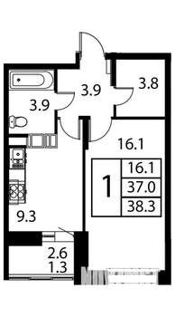 1-к квартира, строящийся дом, 38м2, 6/12 этаж