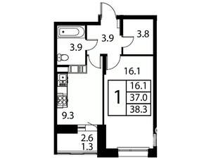 1-к квартира, строящийся дом, 38м2, 12/12 этаж