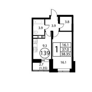 1-к квартира, строящийся дом, 38м2, 11/12 этаж