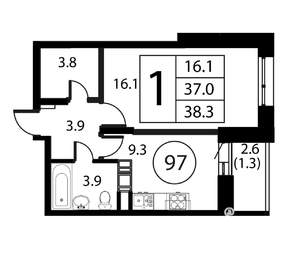 1-к квартира, строящийся дом, 38м2, 12/12 этаж