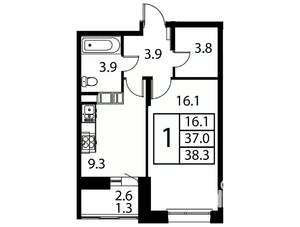 1-к квартира, строящийся дом, 38м2, 10/12 этаж