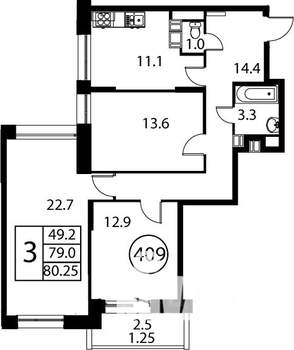 3-к квартира, строящийся дом, 80м2, 10/12 этаж