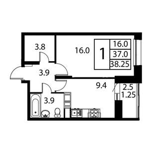 1-к квартира, строящийся дом, 38м2, 11/12 этаж