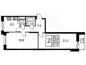 2-к квартира, вторичка, 61м2, 12/12 этаж