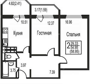 2-к квартира, вторичка, 55м2, 14/17 этаж