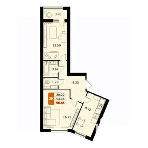 2-к квартира, вторичка, 56м2, 7/17 этаж