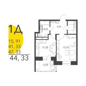 1-к квартира, вторичка, 44м2, 16/17 этаж