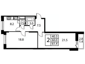 2-к квартира, строящийся дом, 61м2, 10/12 этаж