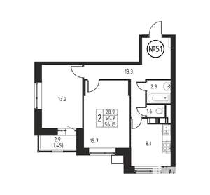 2-к квартира, вторичка, 56м2, 6/12 этаж