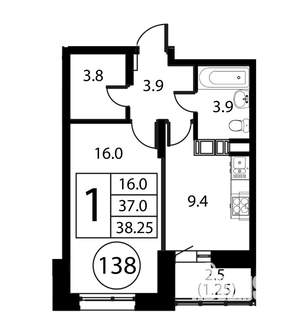 1-к квартира, строящийся дом, 38м2, 11/12 этаж