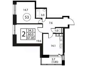 2-к квартира, строящийся дом, 62м2, 10/12 этаж