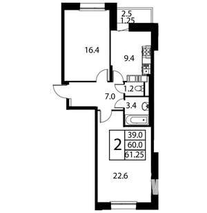 2-к квартира, строящийся дом, 61м2, 10/12 этаж