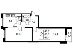 2-к квартира, строящийся дом, 61м2, 10/12 этаж