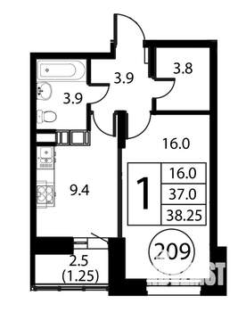 1-к квартира, строящийся дом, 38м2, 7/12 этаж