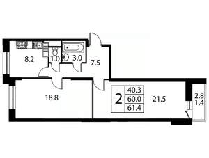 2-к квартира, строящийся дом, 61м2, 11/12 этаж