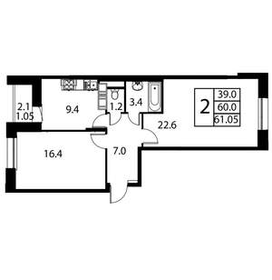 2-к квартира, строящийся дом, 61м2, 12/12 этаж