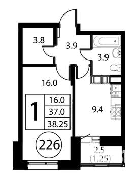 1-к квартира, строящийся дом, 38м2, 11/12 этаж