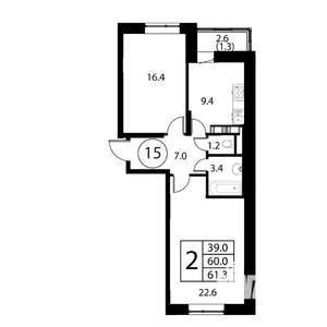 2-к квартира, строящийся дом, 61м2, 5/12 этаж