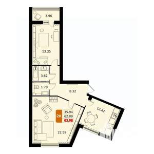 2-к квартира, вторичка, 64м2, 4/17 этаж