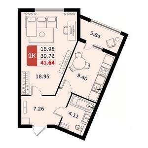 1-к квартира, вторичка, 42м2, 5/17 этаж