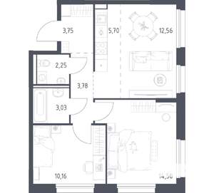 2-к квартира, вторичка, 56м2, 15/16 этаж