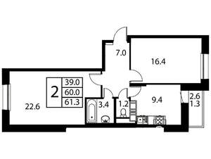 2-к квартира, строящийся дом, 61м2, 10/12 этаж