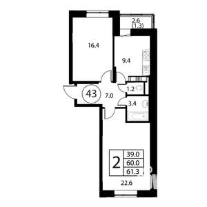 2-к квартира, строящийся дом, 61м2, 12/12 этаж
