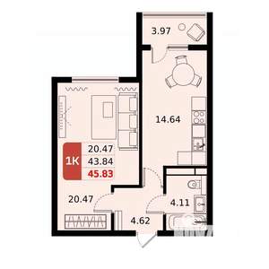 1-к квартира, вторичка, 46м2, 16/17 этаж