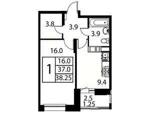 1-к квартира, строящийся дом, 38м2, 11/12 этаж