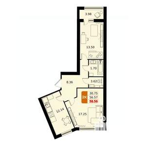 2-к квартира, вторичка, 59м2, 13/17 этаж