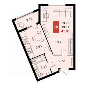 1-к квартира, вторичка, 41м2, 6/17 этаж