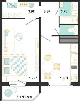 1-к квартира, строящийся дом, 40м2, 2/17 этаж